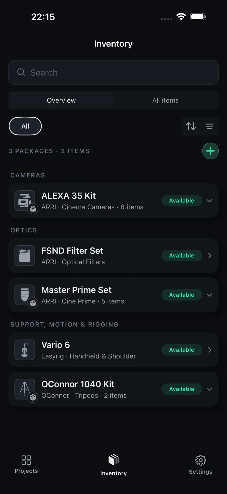 C.I.T. inventory with camera, lens, filter, and support packages