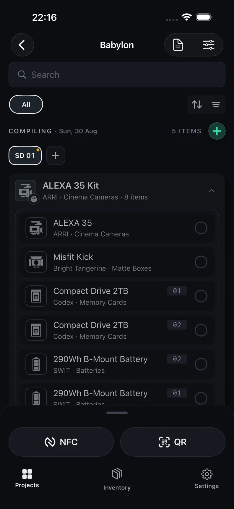 A shoot-day equipment list with individual kit contents and NFC and QR scan controls
